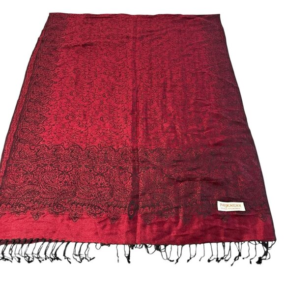 Pashmina Silk and Cashmere Paisley Print Red Black Scarf Wrap Shawl 28" x 72" - Picture 1 of 6